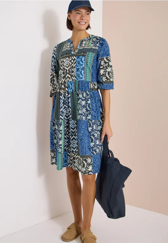 Cecil Damen Knielanges Kleid in Seersuckerqualität in Blau, Gr: 3XL