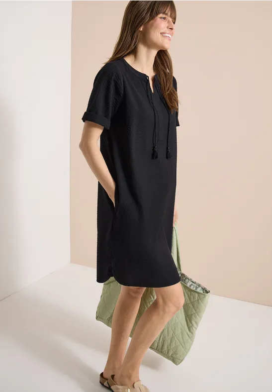 Cecil Damen Knielanges Kleid in Seersuckerqualität in Schwarz, Gr: 3XL