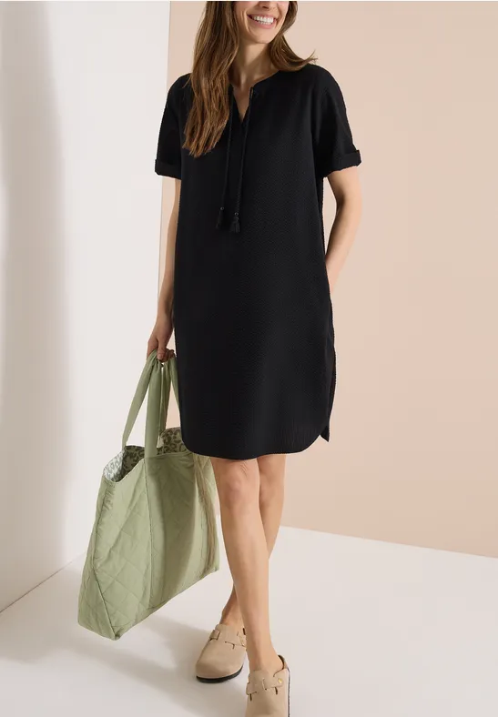 Cecil Damen Knielanges Kleid in Seersuckerqualität in Schwarz, Gr: 3XL