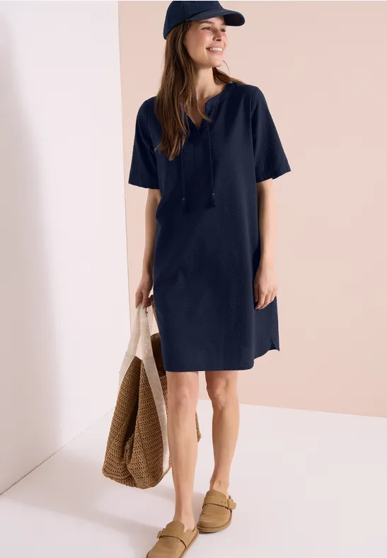 Cecil Damen Knielanges Kleid in Seersuckerqualität in Blau, Gr: 3XL
