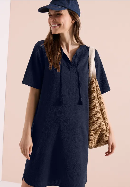 Cecil Damen Knielanges Kleid in Seersuckerqualität in Blau, Gr: 3XL