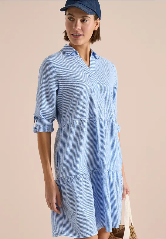 Cecil Damen Knielanges Kleid in Seersuckerqualität in Blau, Gr: 3XL