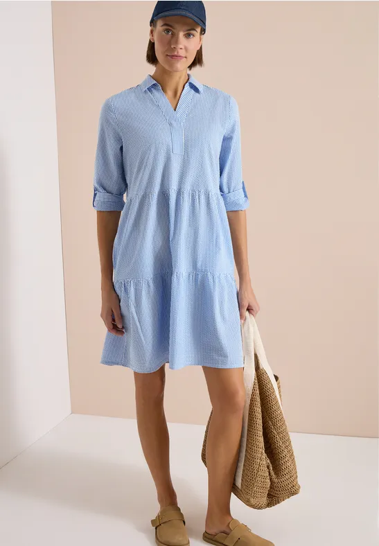 Cecil Damen Knielanges Kleid in Seersuckerqualität in Blau, Gr: 3XL