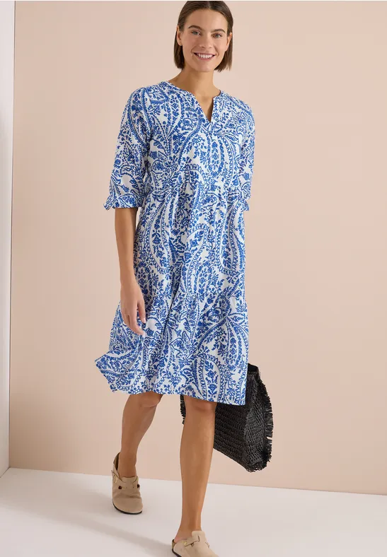 Cecil Damen Midi-Kleid mit Split Neck und Print in Weiß, Gr: L