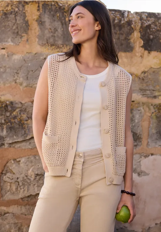 Cecil Damen Weste mit Rundhals im Crochet-Look in Beige, Gr: L