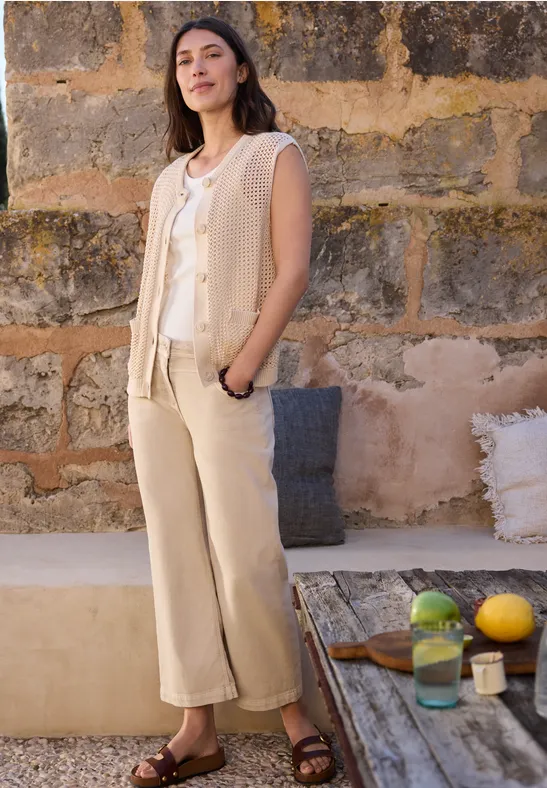 Cecil Damen Weste mit Rundhals im Crochet-Look in Beige, Gr: L