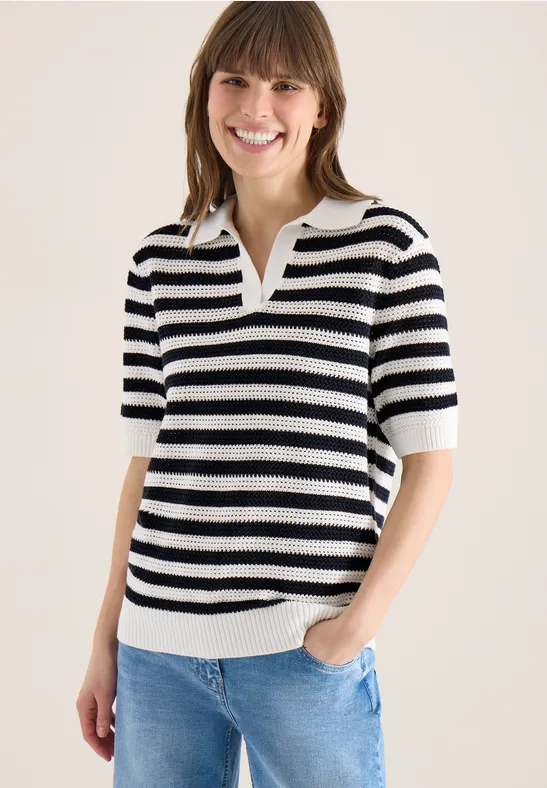 Cecil Damen Kurzarm Poloshirt in Mesh-Qualität in Blau, Gr: L