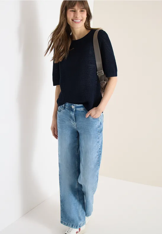 Cecil Damen Kurzarm Pullover mit Struktur in Blau, Gr: L