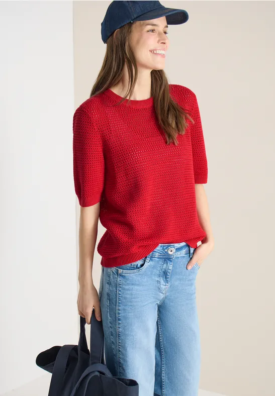 Cecil Damen Kurzarm Pullover mit Struktur in Rot, Gr: L