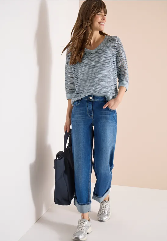 Cecil Damen Pullover mit V-Neck und Garnmix in Blau, Gr: XL
