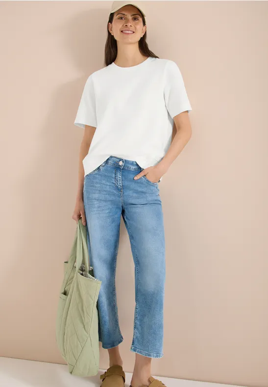 Cecil Damen Kurzarm Sweatshirt mit Rundhals in Weiß, Gr: L