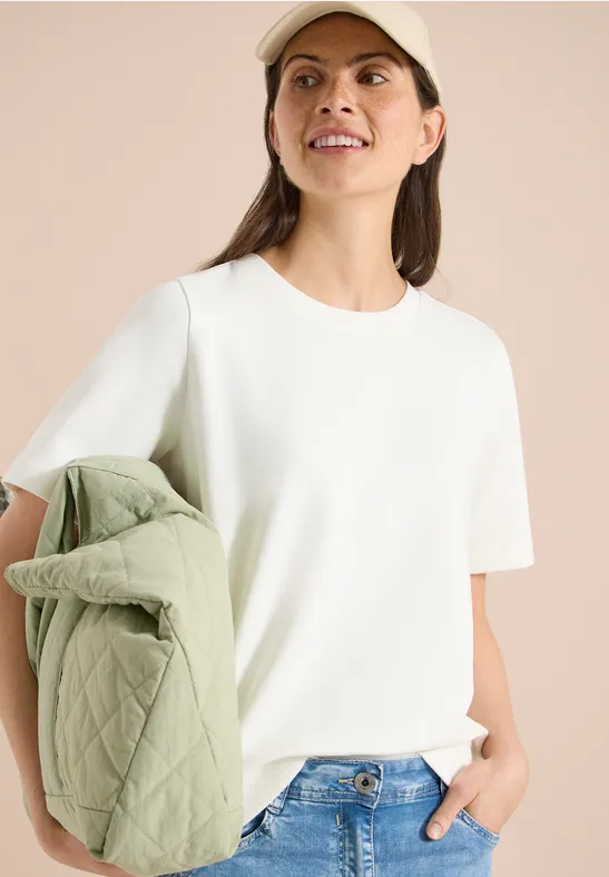 Cecil Damen Kurzarm Sweatshirt mit Rundhals in Weiß, Gr: L
