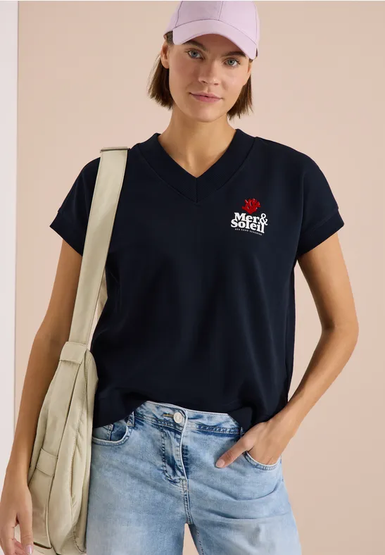 Cecil Damen Kurzarm Sweatshirt mit Backprint in Blau, Gr: L