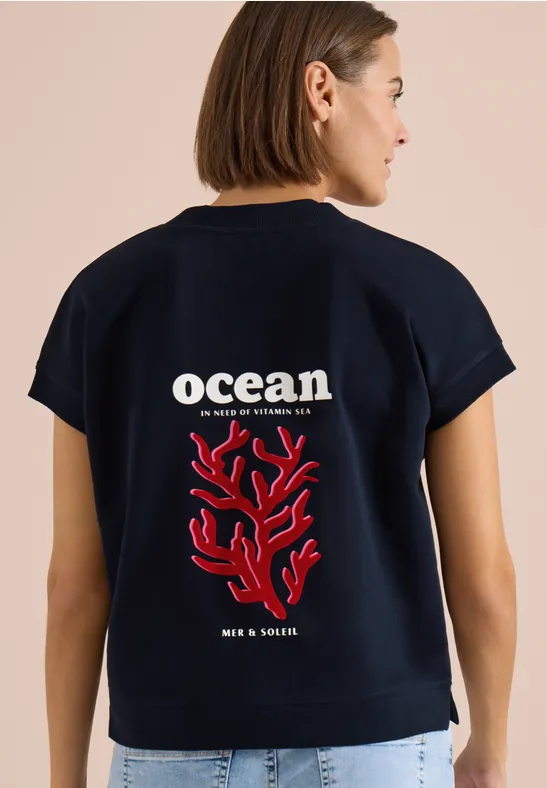 Cecil Damen Kurzarm Sweatshirt mit Backprint in Blau, Gr: L