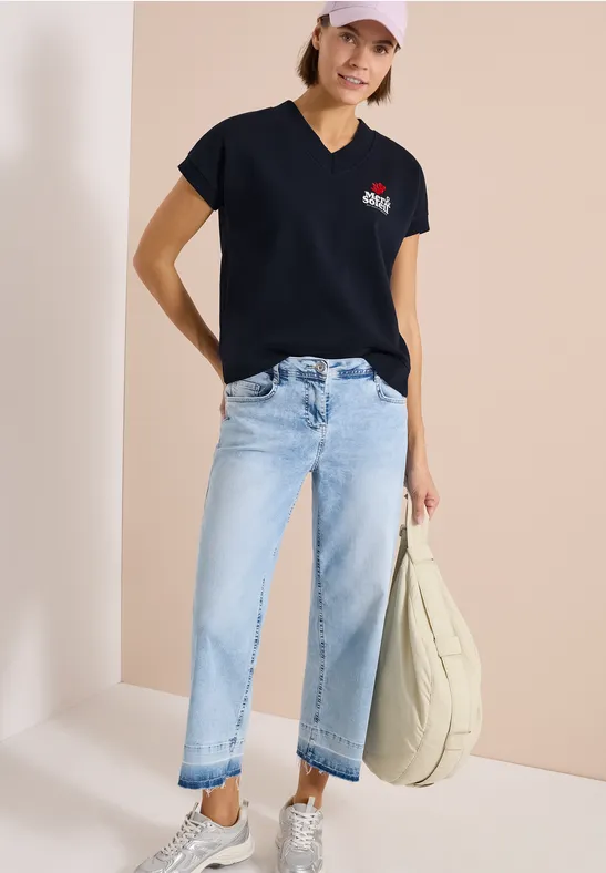 Cecil Damen Kurzarm Sweatshirt mit Backprint in Blau, Gr: L