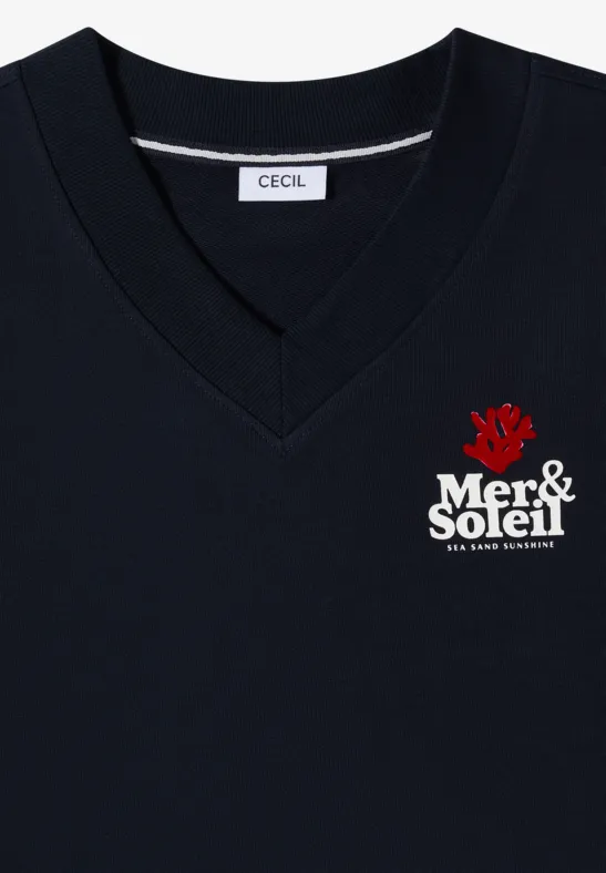 Cecil Damen Kurzarm Sweatshirt mit Backprint in Blau, Gr: L