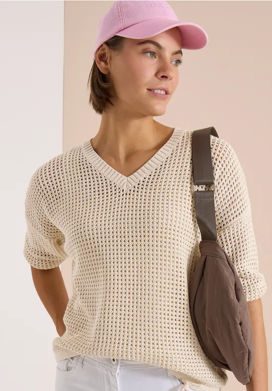 Cecil Damen Kurzarm Pullover im Crochet-Look in Beige, Gr: L