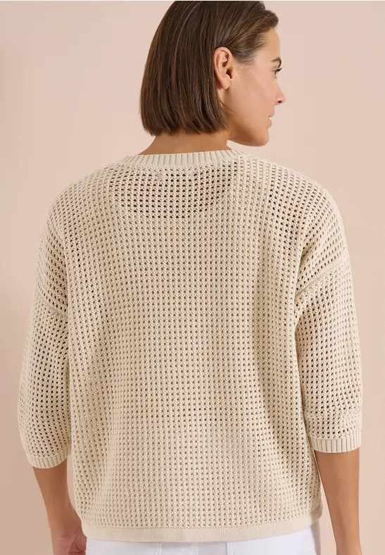 Cecil Damen Kurzarm Pullover im Crochet-Look in Beige, Gr: L