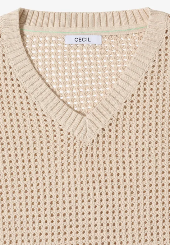 Cecil Damen Kurzarm Pullover im Crochet-Look in Beige, Gr: L