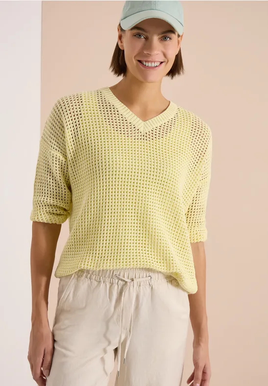 Cecil Damen Kurzarm Pullover im Crochet-Look in Gelb, Gr: L