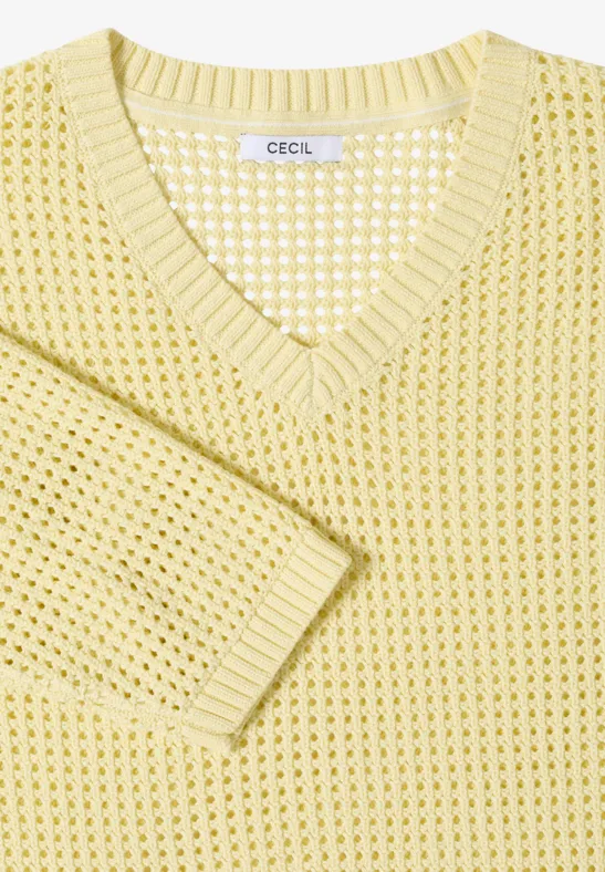 Cecil Damen Kurzarm Pullover im Crochet-Look in Gelb, Gr: L