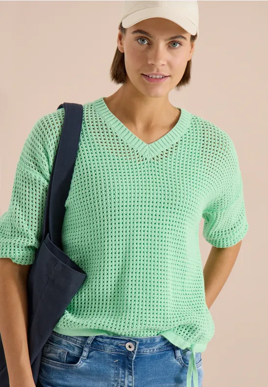 Cecil Damen Kurzarm Pullover im Crochet-Look in Grün, Gr: L