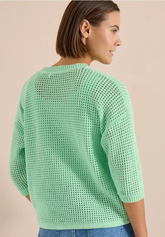 Cecil Damen Kurzarm Pullover im Crochet-Look in Grün, Gr: L