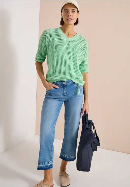 Cecil Damen Kurzarm Pullover im Crochet-Look in Grün, Gr: L
