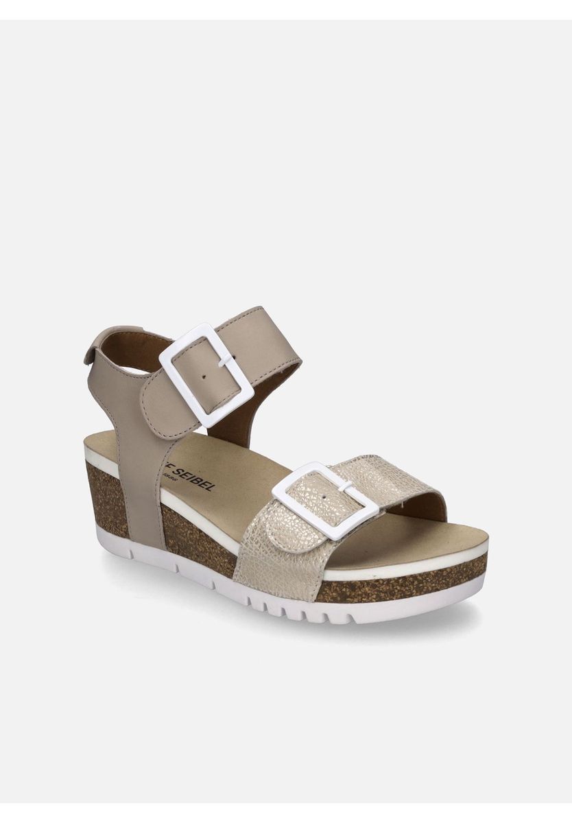 Beige Keilsandaletten aus Leder für Damen