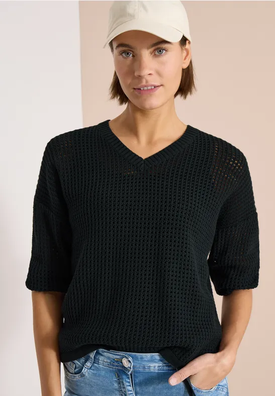 Cecil Damen Kurzarm Pullover im Crochet-Look in Grün, Gr: L