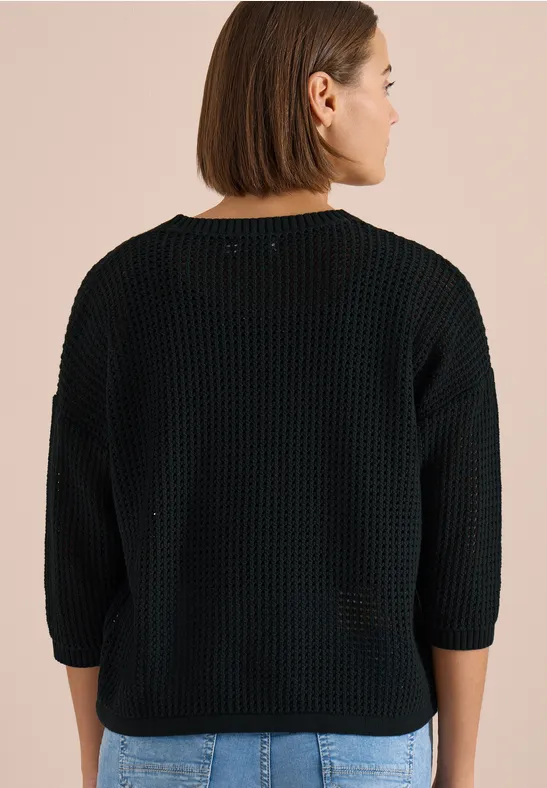 Cecil Damen Kurzarm Pullover im Crochet-Look in Grün, Gr: L