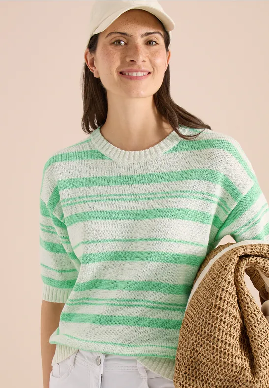 Cecil Damen Kurzarm Pullover mit Streifen in Grün, Gr: L