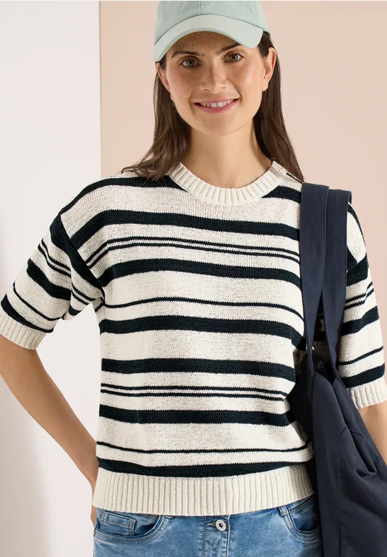 Cecil Damen Kurzarm Pullover mit Streifen in Grün, Gr: L