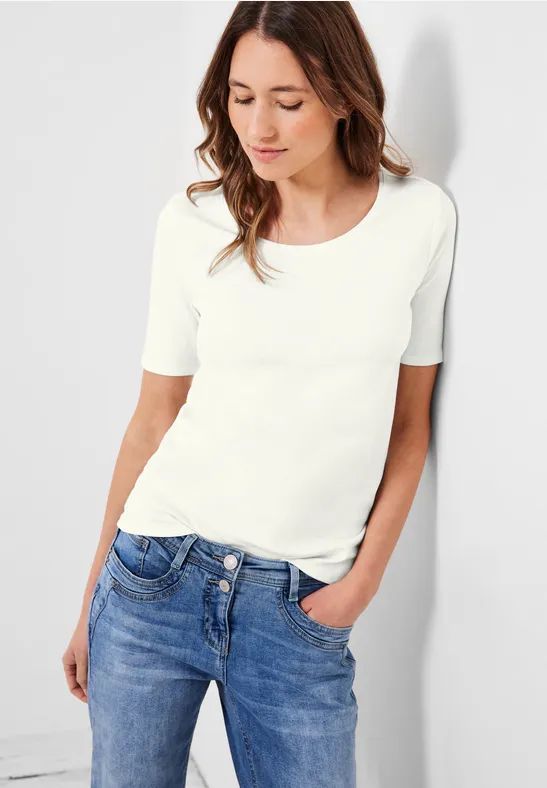 Cecil Damen Basic T-Shirt mit Rundhals in Unifarbe in Weiß, Gr: XXL
