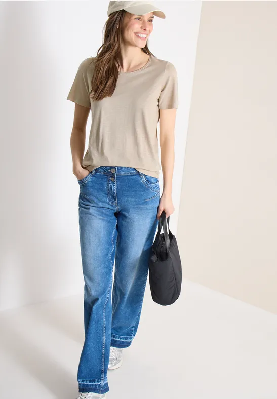 Cecil Damen Basic T-Shirt mit Rundhals in Unifarbe in Beige, Gr: L