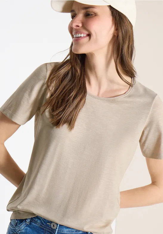Cecil Damen Basic T-Shirt mit Rundhals in Unifarbe in Beige, Gr: L