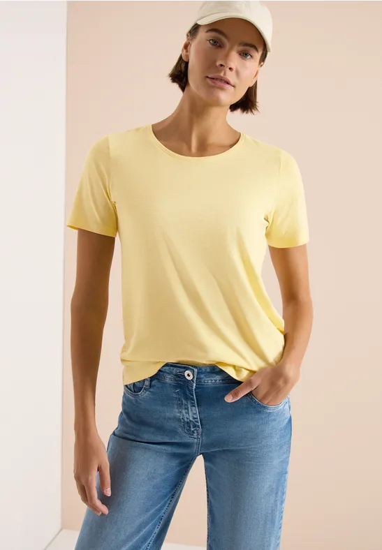 Cecil Damen Basic T-Shirt mit Rundhals in Unifarbe in Gelb, Gr: 3XL