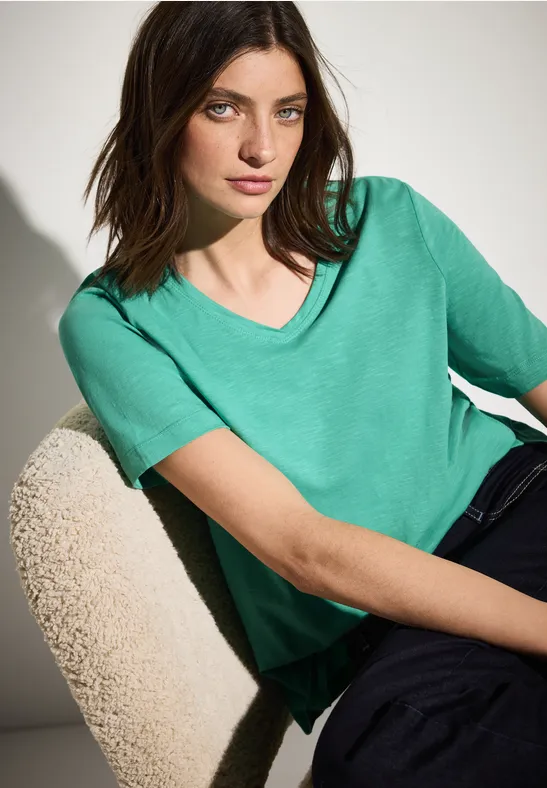 Cecil Damen Basic V-Neck T-Shirt in Grün, Gr: XXL