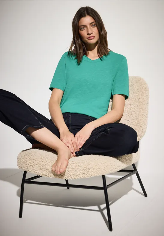 Cecil Damen Basic V-Neck T-Shirt in Grün, Gr: XXL
