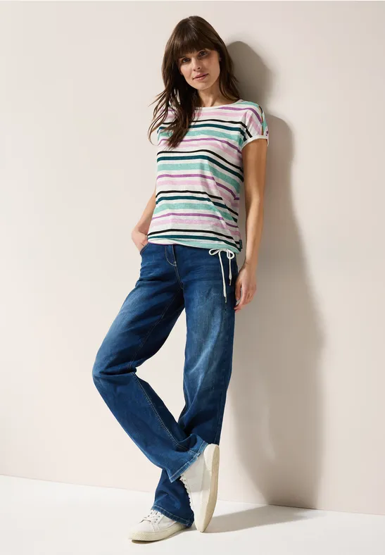 Cecil Damen Leinen-Look Streifen-Shirt in Multicolour|Grün, Gr: L
