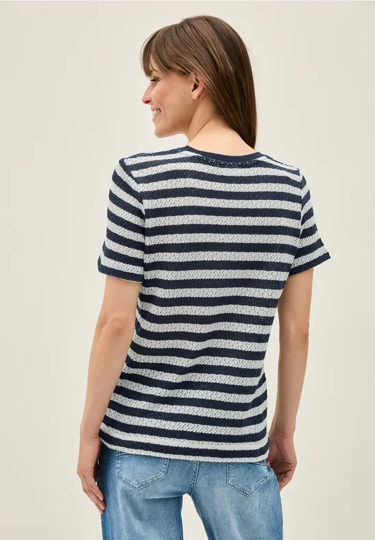 Cecil Damen Gestreiftes Ajour T-Shirt in Blau, Gr: L