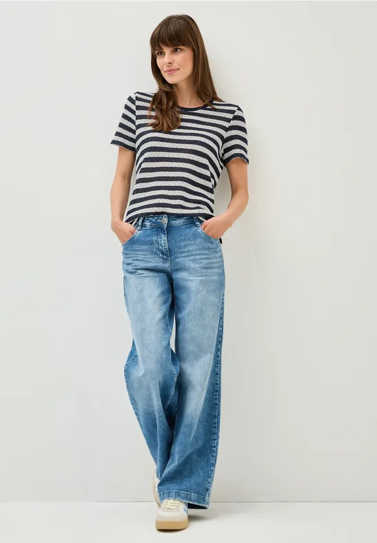 Cecil Damen Gestreiftes Ajour T-Shirt in Blau, Gr: L