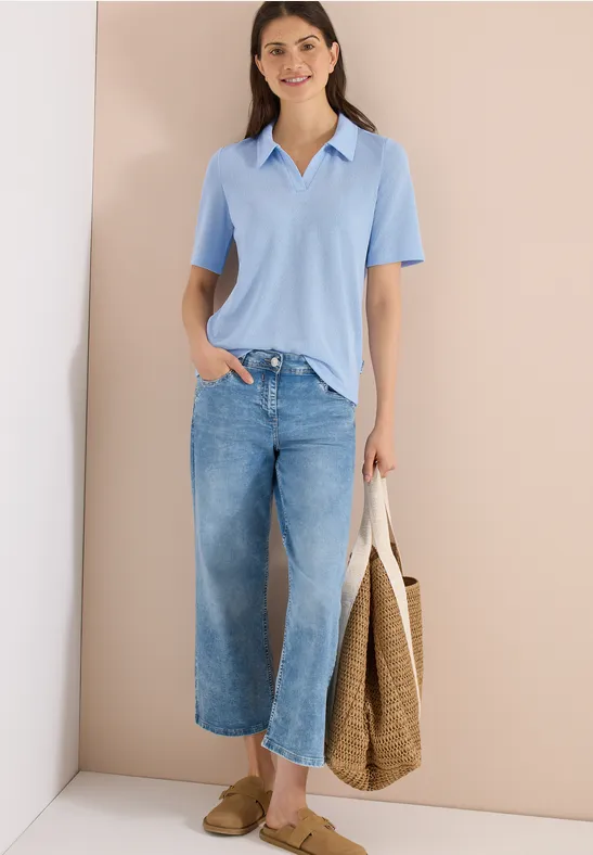 Cecil Damen Kurzarm Poloshirt in Unifarbe in Blau, Gr: L