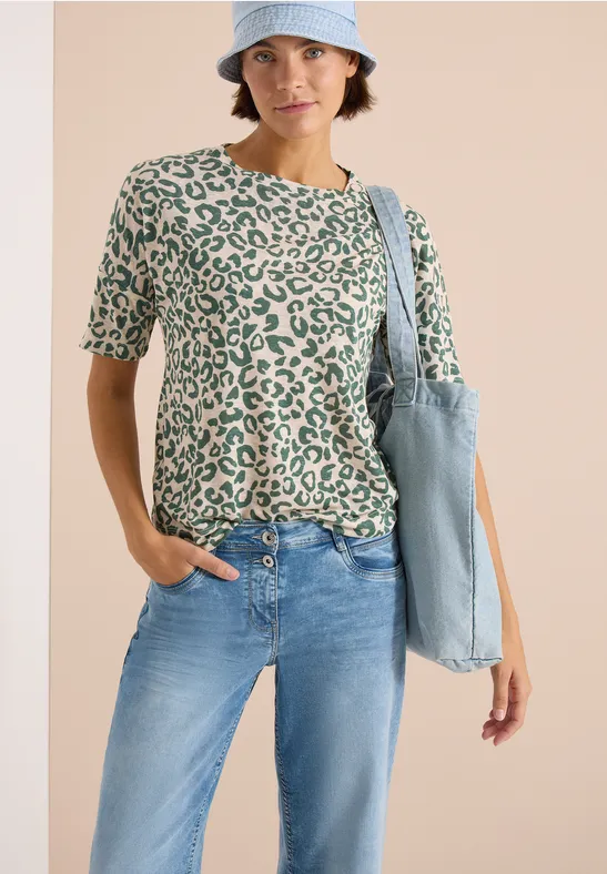 Cecil Damen Kurzarm Shirt mit Knöpfen und Leo-Print in Beige, Gr: L