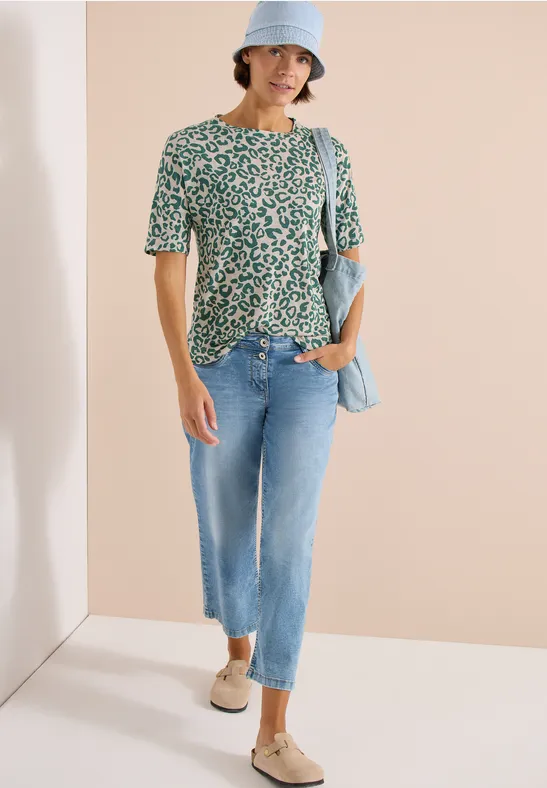 Cecil Damen Kurzarm Shirt mit Knöpfen und Leo-Print in Beige, Gr: L
