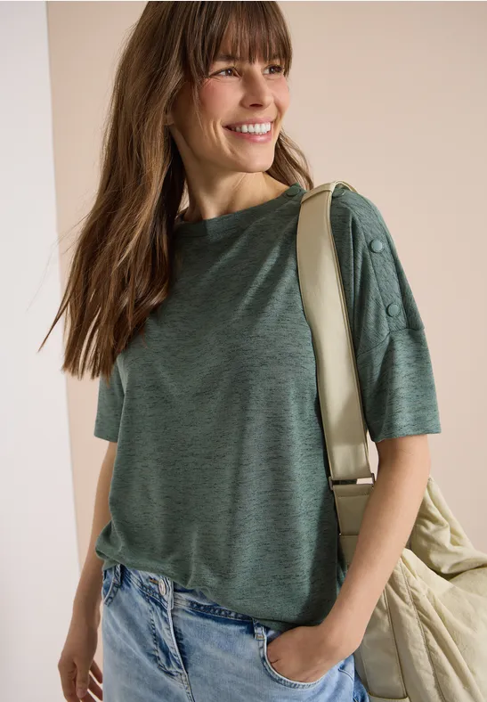 Cecil Damen T-Shirt in Leinen-Optik mit Knöpfen in Grün, Gr: L