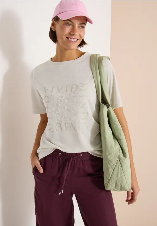 Cecil Damen T-Shirt in Leinen-Optik mit Print in Beige, Gr: L