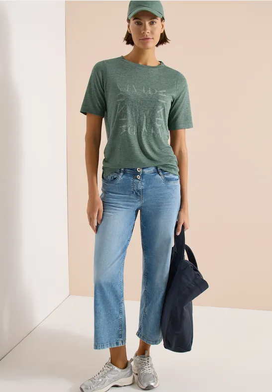 Cecil Damen T-Shirt in Leinen-Optik mit Print in Grün, Gr: L