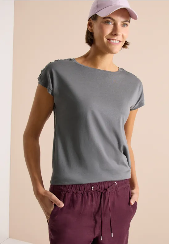 Cecil Damen Kurzarm Shirt mit Boatneck und Raffung in Grau, Gr: 3XL
