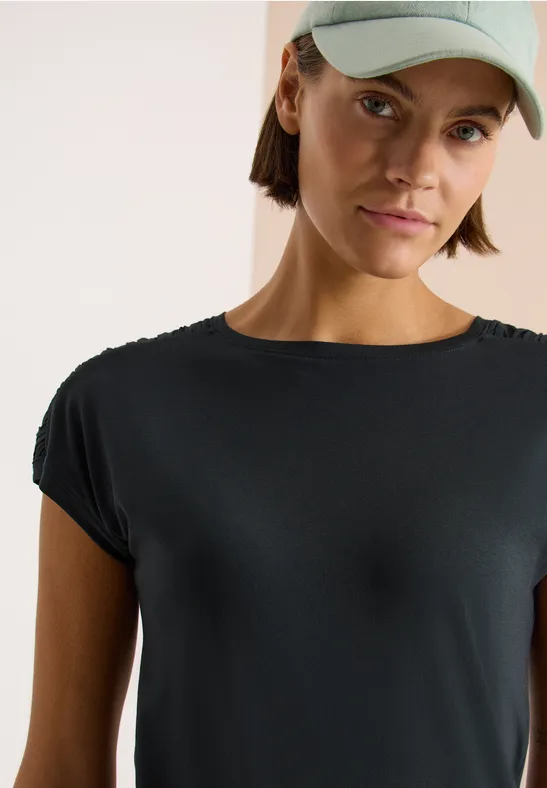 Cecil Damen Kurzarm Shirt mit Boatneck und Raffung in Grün, Gr: 3XL